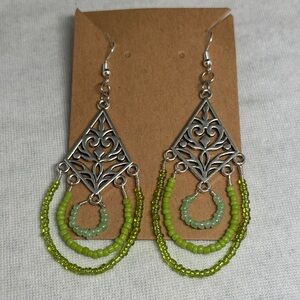 Artisan Silver and Green Beaded Chandelier Earrings